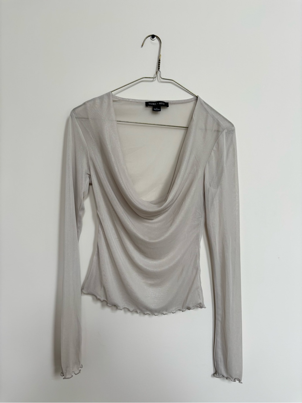 silence + noise Sheer Draped Cowl Long-Sleeve Top - Light Gray